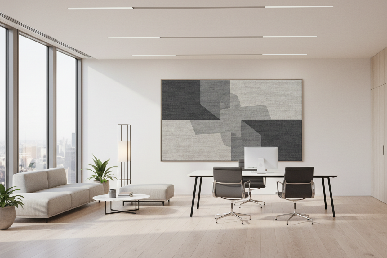 Ein Büro, modern, elegant, minimalistisch und hochqualitativ eingerichtet. Mit einem grossen Akustikbild an der Wand.