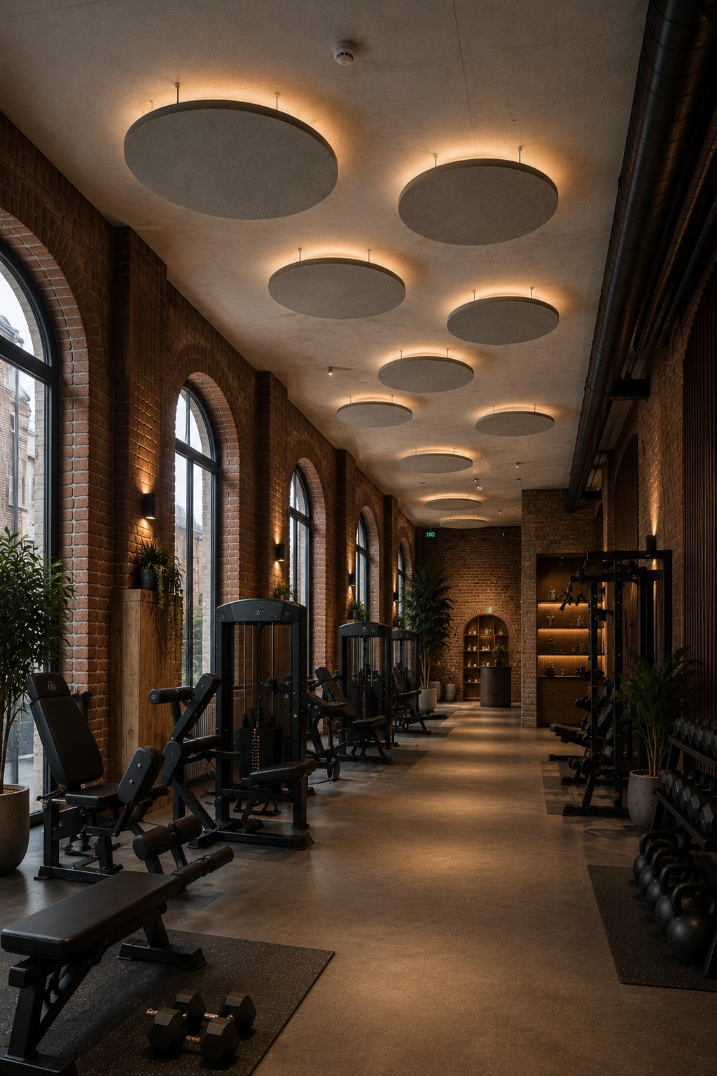 Fitnessraum und Gym mit Deckensegel rund für bessere Raumakustik