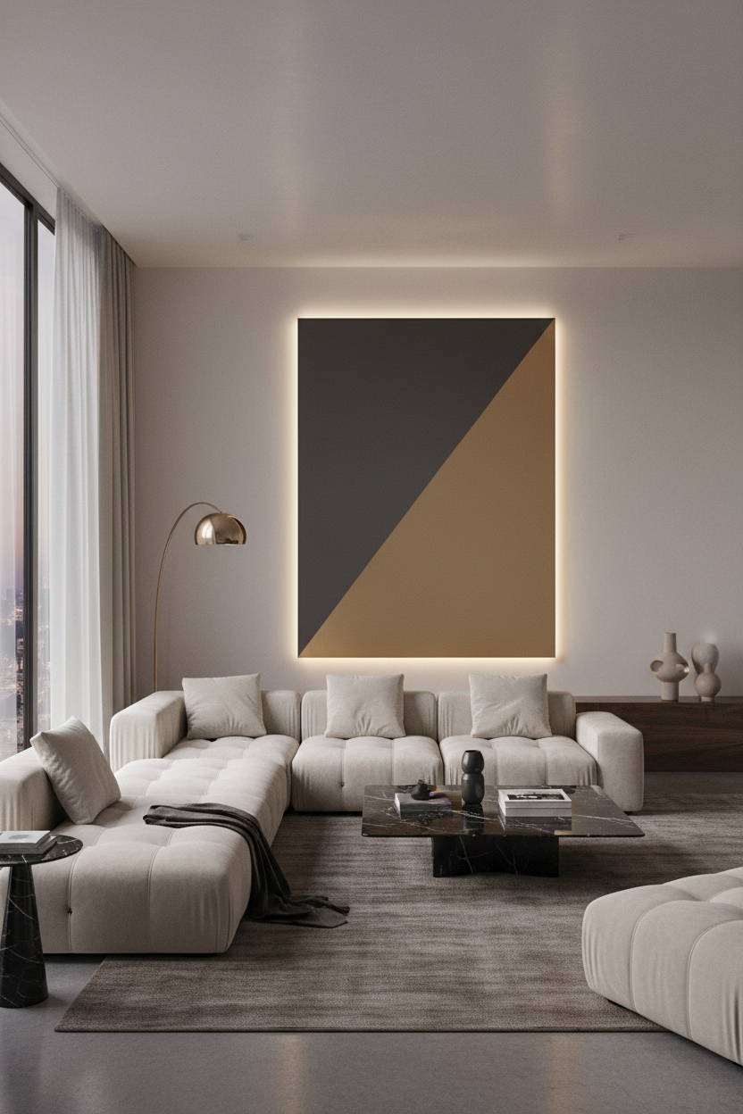 Bild hochkant für Mobile Version. Wohnzimmer mit ästhetischer und hochwertiger Einrichtung. An der Wand hängt ein grosses ästhetisches Akustikbild mit indirekter beläuchtung hinter dem Bild. Das Motiv ist minimalistisch und lediglich zweifarfig und passt perfekt zum hochwertigen Interieur.