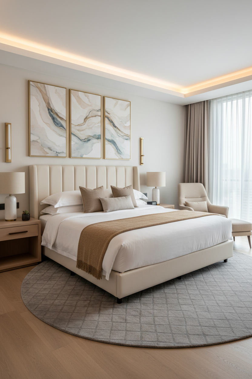 bitte erstelle ein Hochkant bild von einem Hotelzimmer mit drei Akustikbildern an der Wand. Das Zimmer ist elegant und strahlt ruhe aus. 