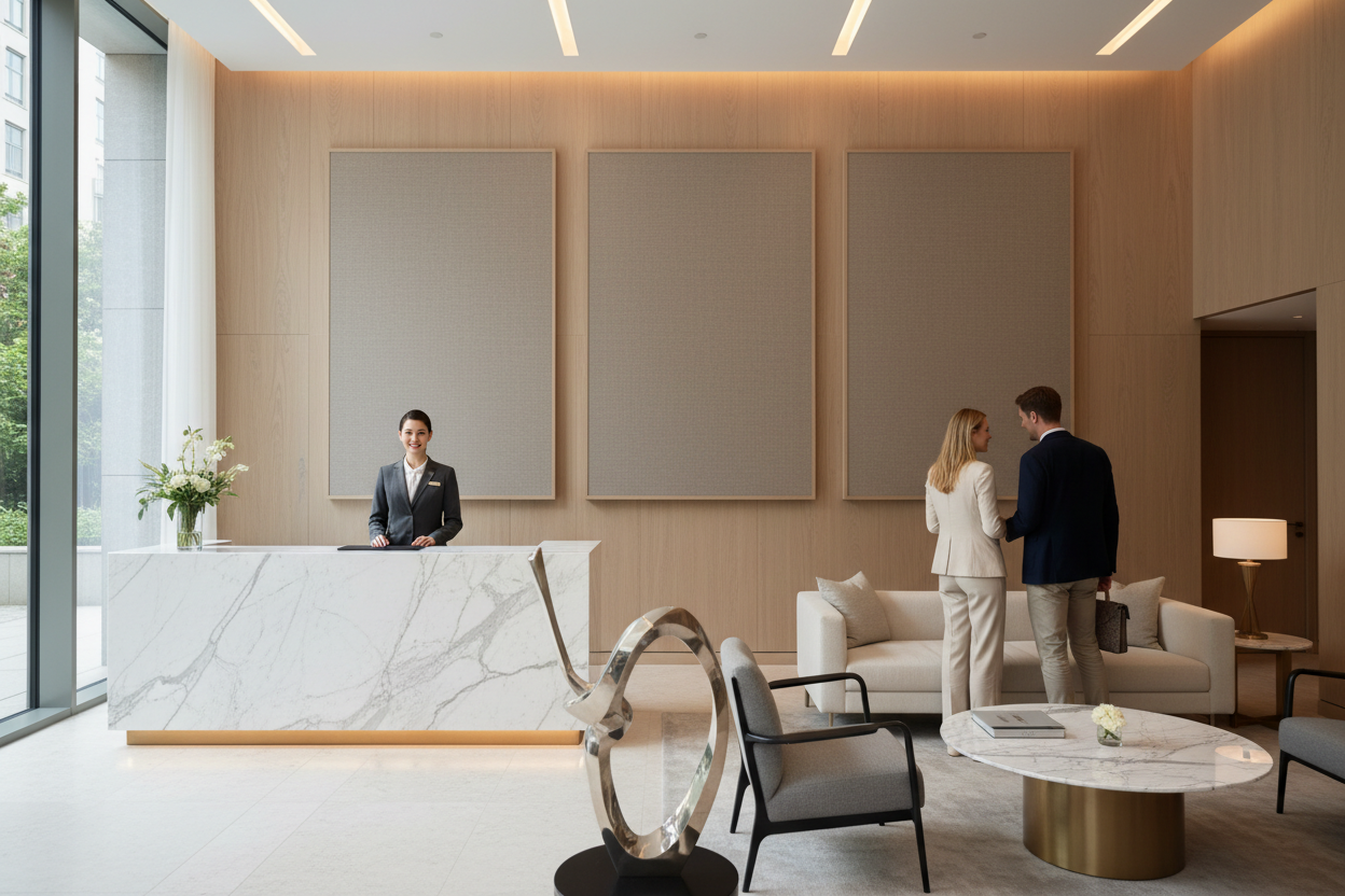 das Pärchen ist zu der Rezeptionistin gedreht. Bitte bleibe bei den Akustikbildern Limitiert auf drei Grosse einfarbige Akustikbilder welche zum Intereur passen.