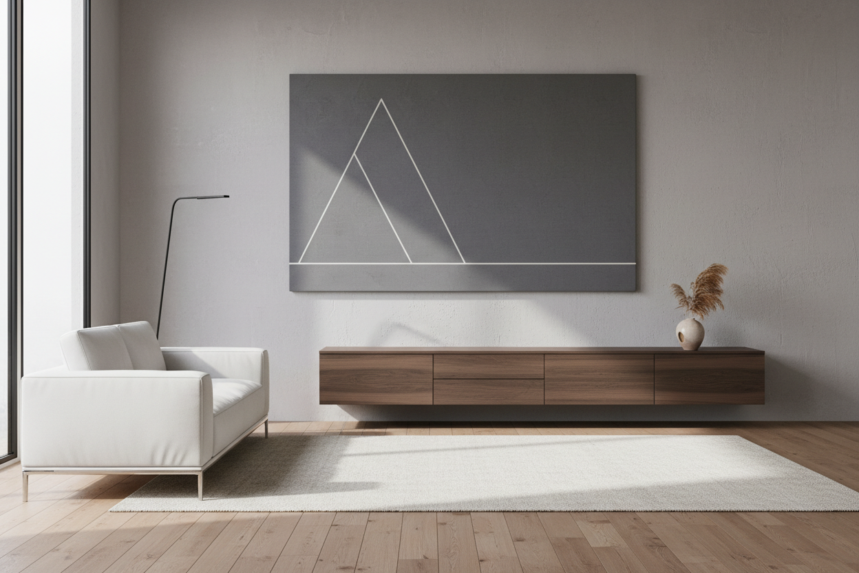 ein cleaner Raum mit Betonwand und hochwertigem Holzboden. Ein leichter Lichteinfall von der Seite. An der Wand hängt ein grosses Akustikbild aus Stoff. Das Motiv ist sehr minimal und klar. Und passt perfekt zum Raum. 