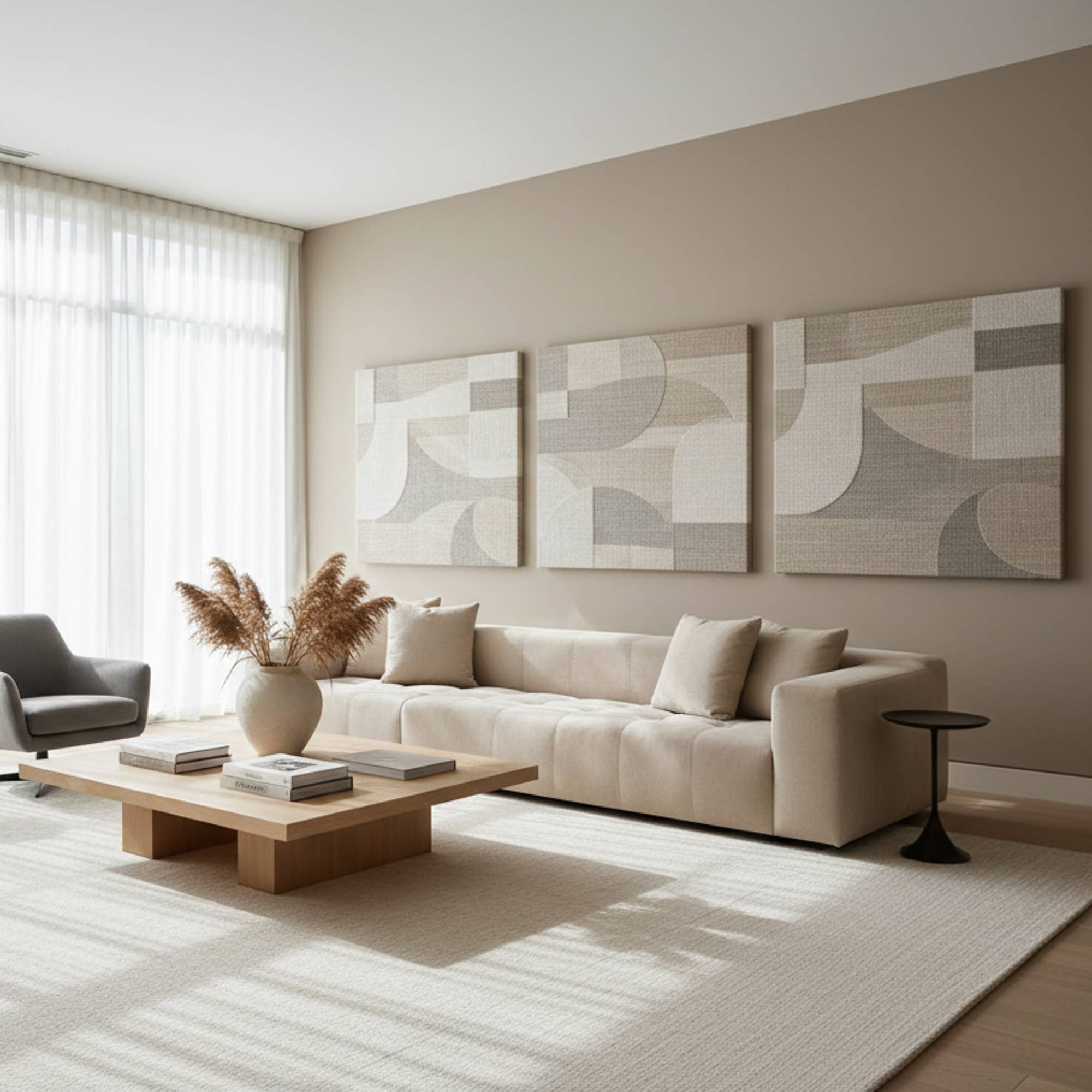 Akustikwerke Akustikbilder im Hochformat im Wohnzimmer – Schallabsorber für optimale Raumakustik