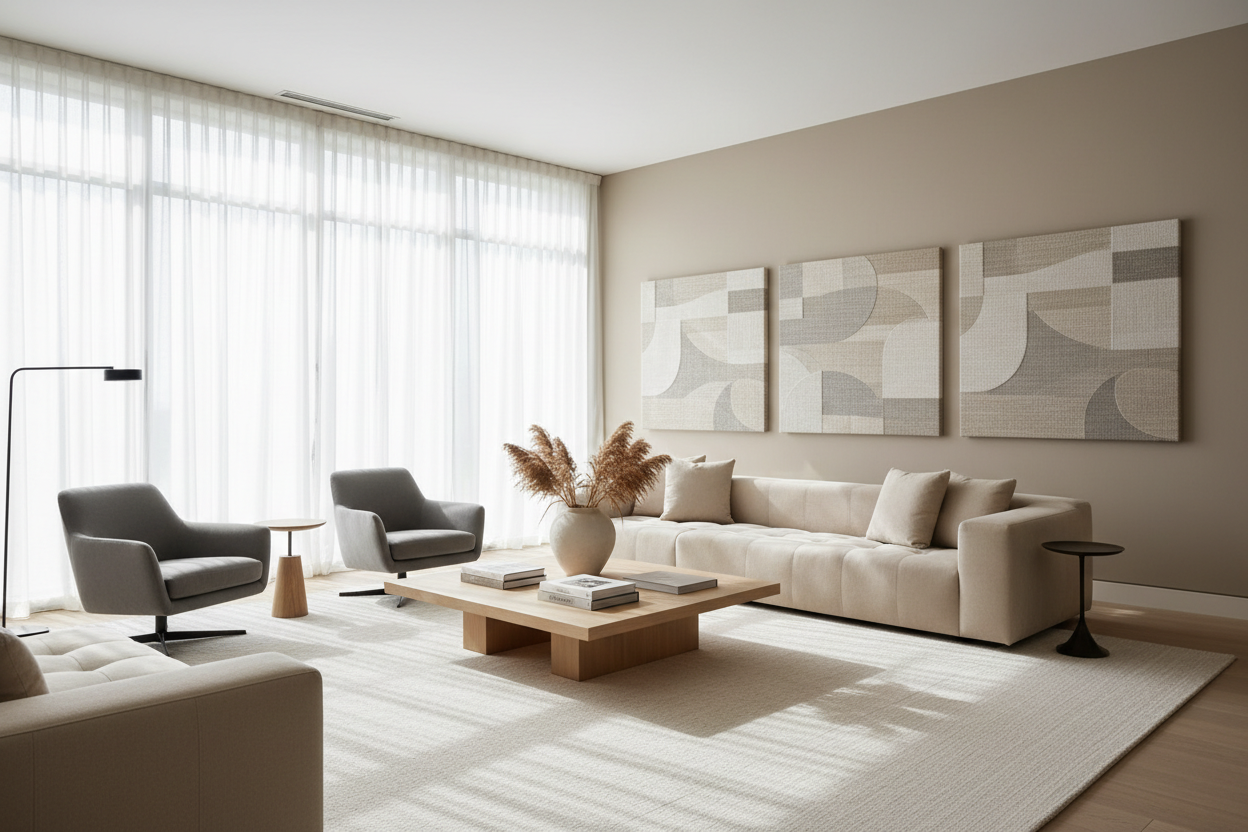 Ein geschmackvoll, stilvoll eingerichtetes grosszügiges Wohnzimmer. Clean, ruhig, stilvoll und hochqualitativ. An den Wänden befinden sich drei grosse Akustikbilder die sehr dezent sind aber auch sehr stilvoll und perfekt zum Interieur passen.