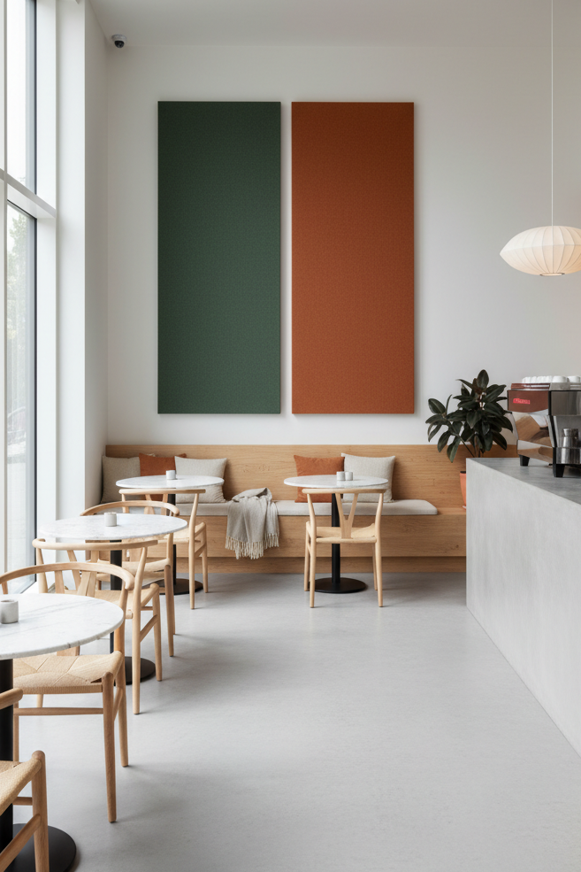 modernes Café mit zwei Akustikpanelen