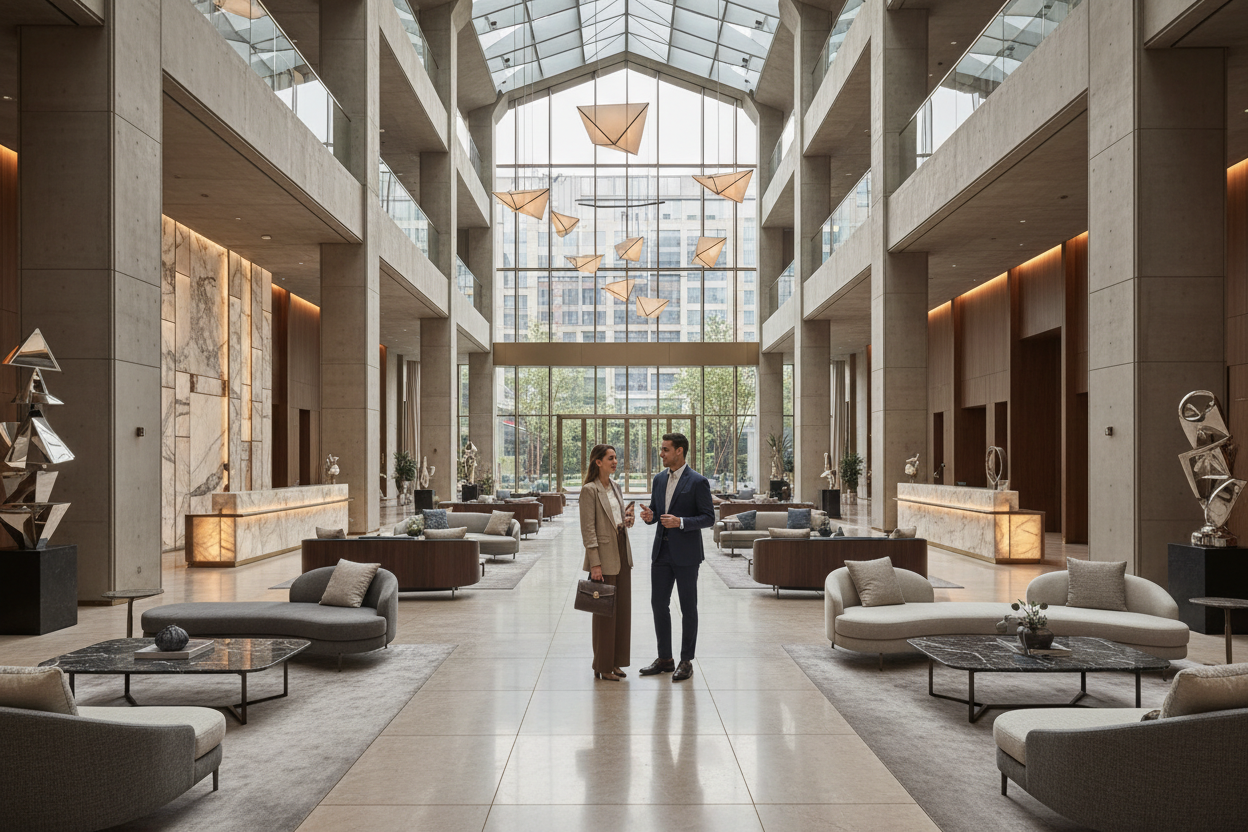 eine grosse moderne, Hotellobby. Zwei Personen stehen in der Lobby und unterhalten sich sympatisch. Die Lobby ist modern und hochqualitativ. 