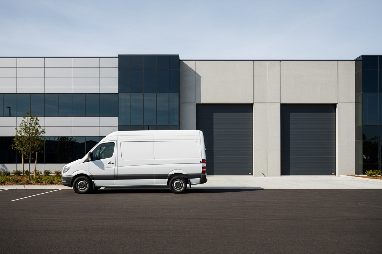 eine moderne Lagerhalle mit einem Van davor