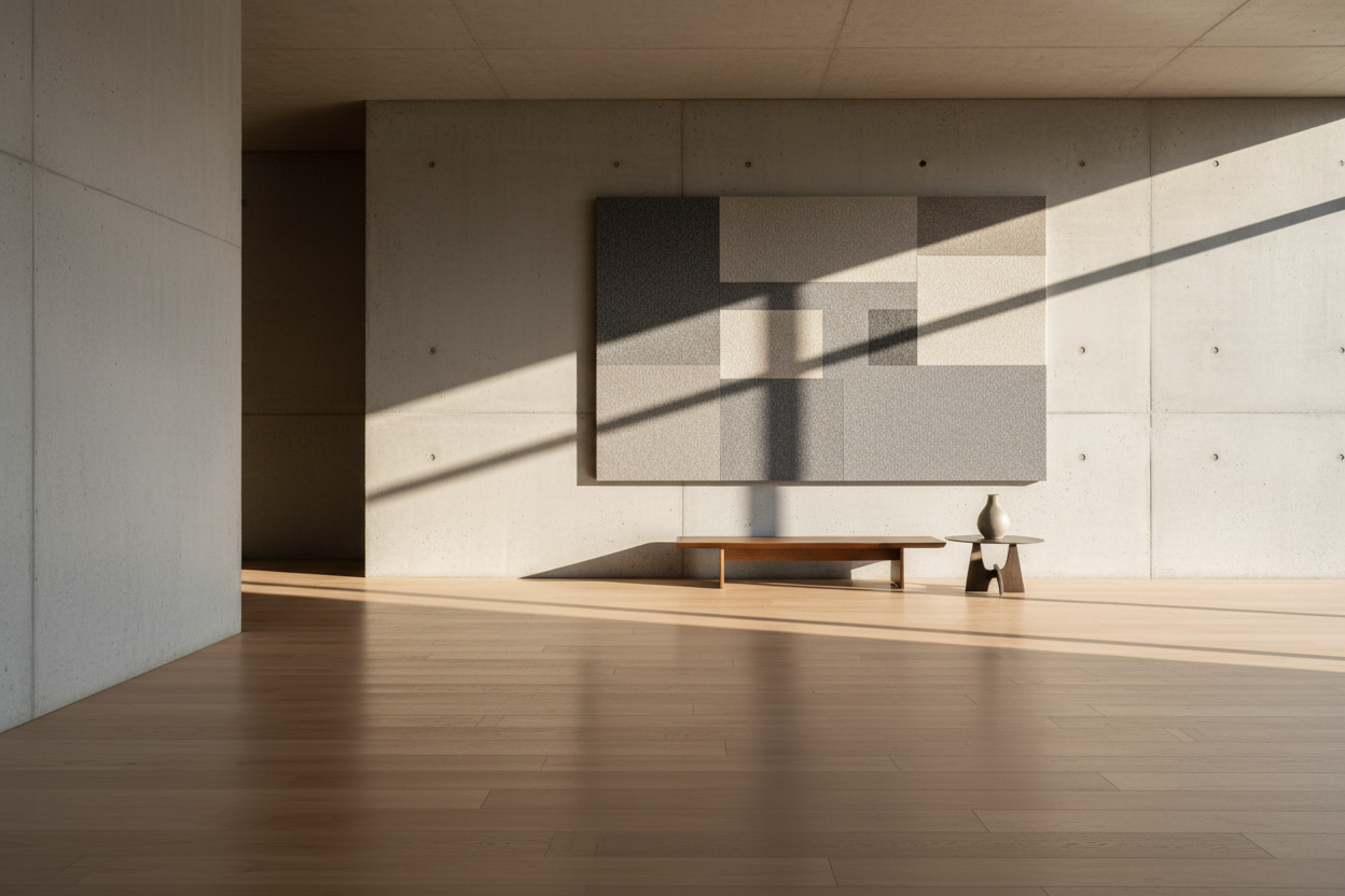 einen grösseren moderner cleaner raum mit betongwänden und holzboden. Hochqualitativ und stilisch. Das licht fällt von einer seite in den Raum und hinterlässt einen schönen Schatten auf der Wand. Keine Fenster sind zu sehen. Nur eine cleane betonwand und der Bonden. An der Wand hängt ein grosses Akustikbild mit einem minimalistischen Motiv was in das Raumgefüge passt. 