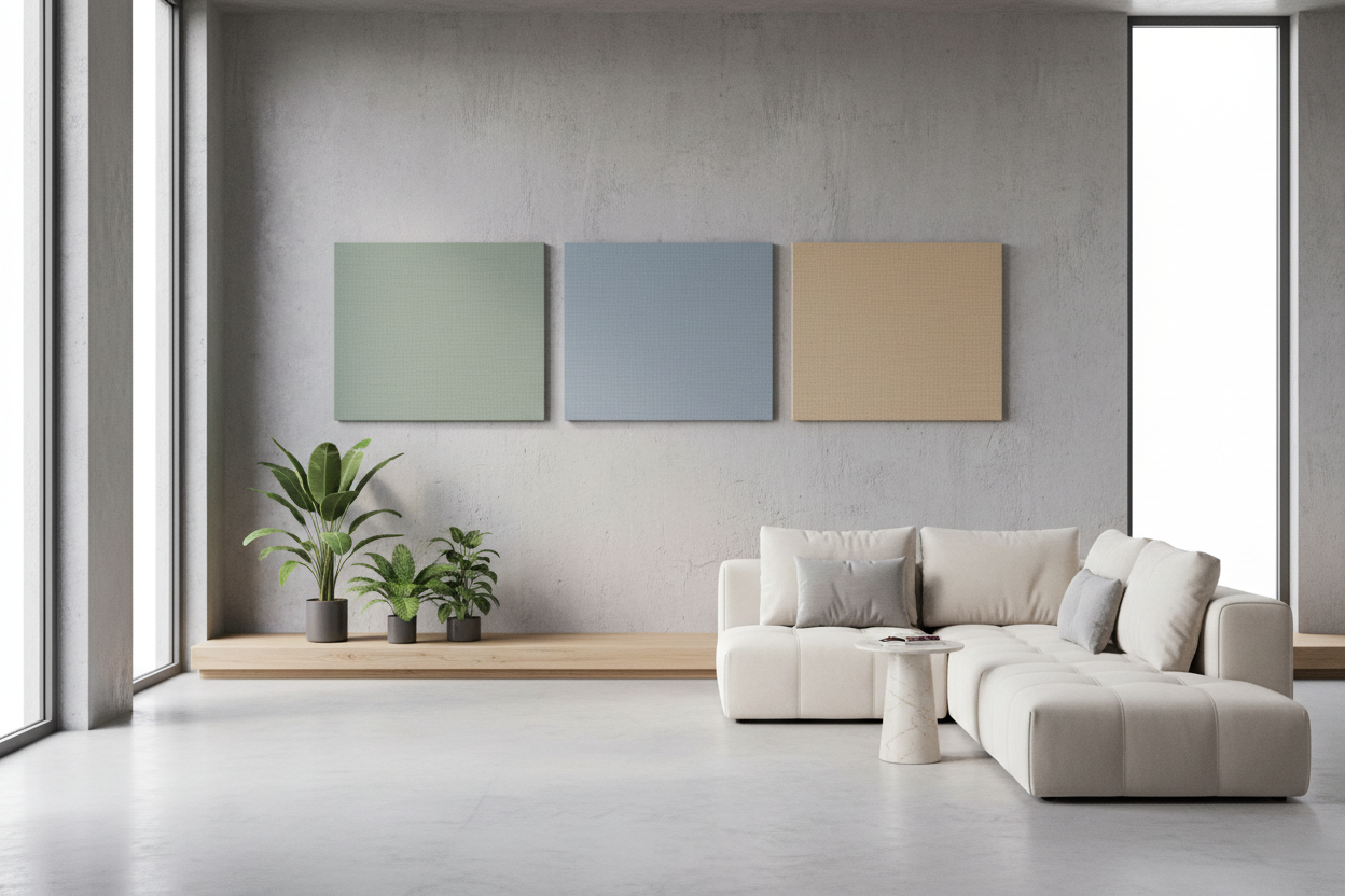 einen ruhigen Raum mit Betonwand und drei Akustikbilder an der Wand. Alle Akustikbilder haben eine andere ruhige Farbe. der Raum strahlt ruhe aus. 