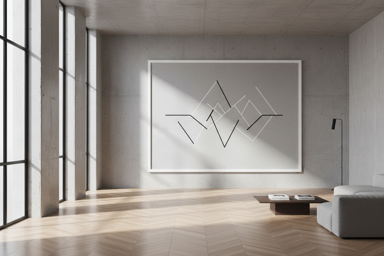 erstelle mir einen cleanen raum mit hohen decken. Der raum ist modern mit Betonwänden. Der Boden ist Parket. Leichter Lichteinfall von der linken Seite. An der Wand hängt ein grosses Akustikbild mit einem sehr cleanen und minimalen Motiv was perfekt zum Raum passt. 