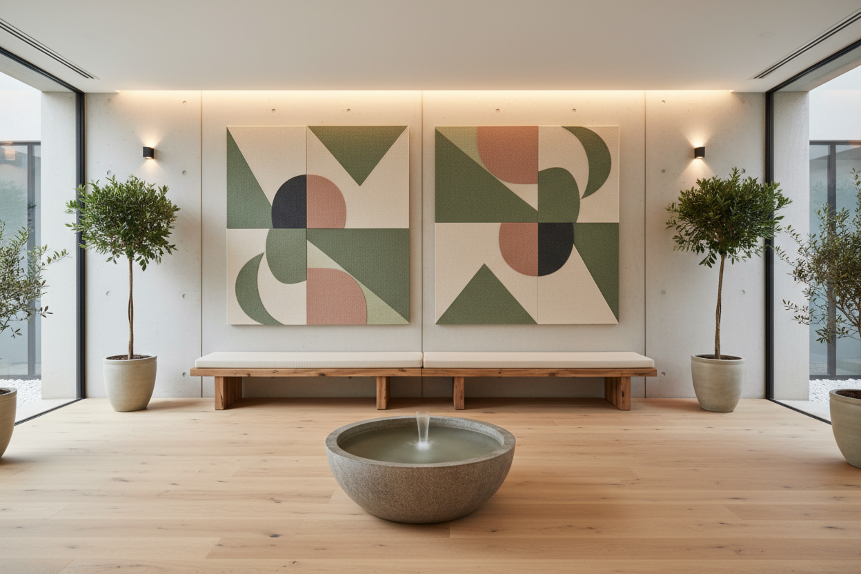 generiere mir einen modernen schlichten Wellnessbereich mit Akustikbilder an der Wand. Die Motive sind sehr schlicht und 2farbig gehalten und passen perfekt zum Interieur.