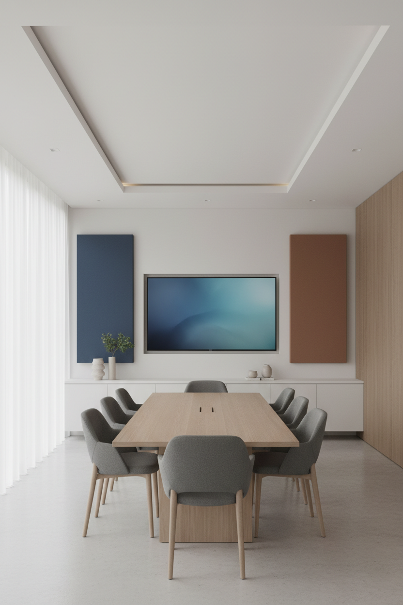 hochkant Bild für moblie Version: Konferenzraum, ruhig, modern, hoch qualitativ. an der Wand sind zwei grosse Akustikbilder aufgehängt. Jeweils einfarbig die zu dem modernen, ruhigen Internieur. 