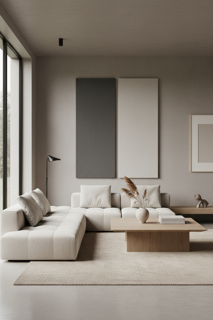hochkant format Bild für Moblie Version: generiere mir einen ruhigen Wohnraum mit zwei Akustikbilder an der Wand jeweils einfarbig, welche in das ruhige Interieur passen. Modern, hochqualitativ, schlicht, architektonisch