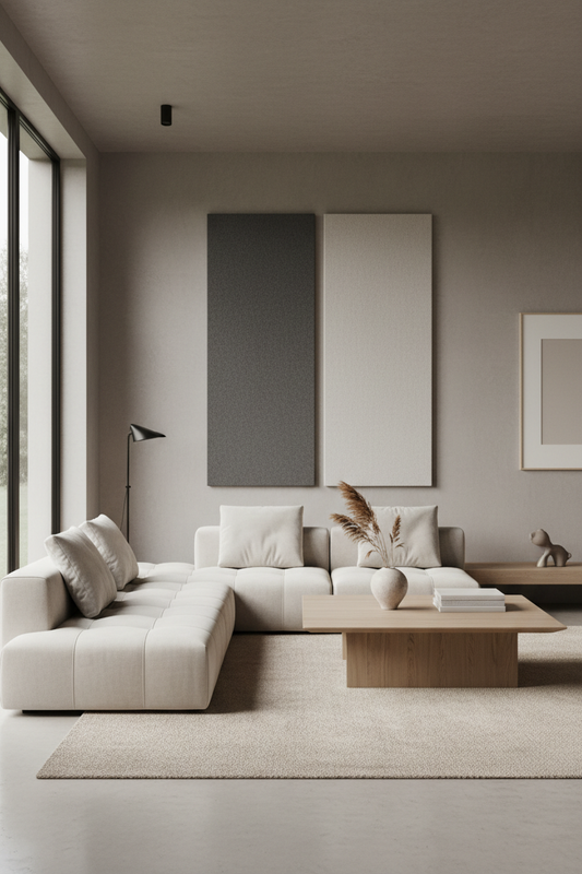 hochkant format Bild für Moblie Version: generiere mir einen ruhigen Wohnraum mit zwei Akustikbilder an der Wand jeweils einfarbig, welche in das ruhige Interieur passen. Modern, hochqualitativ, schlicht, architektonisch