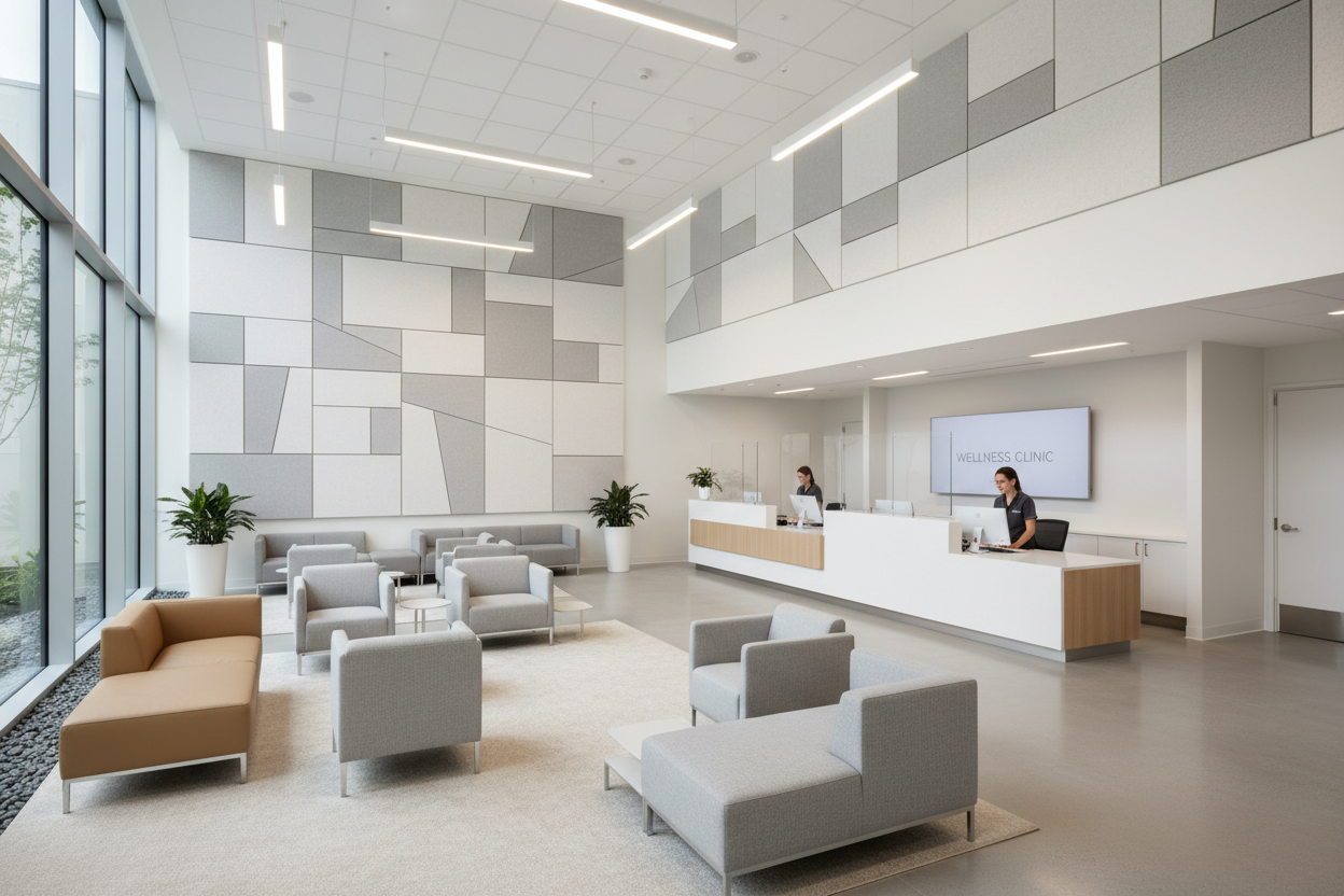 moderne Klinik im Empfangsbereich. Modern, Clean und mit neutralen Akustikbildern an der Wand. Simples Motiv. Grosse Bilder