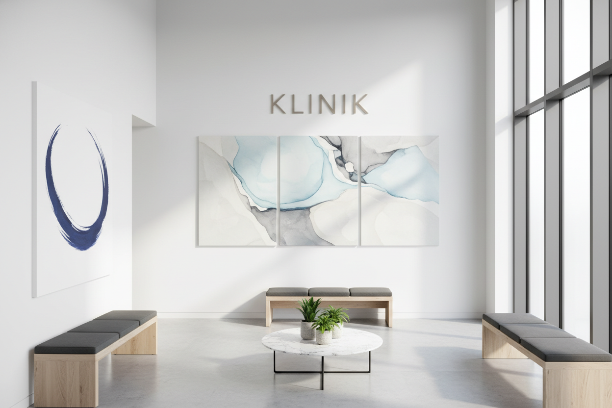Moderne Klinik, mit grossen einfachen Bildern an der Wand. Irgendwo steht noch an der Wand Klinik