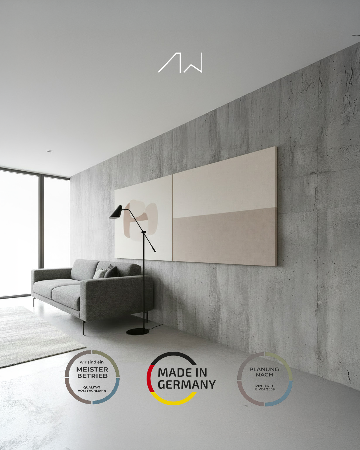 raum mit hochwertiger Akustikpanele und drei Siegel Meisterbetrieb, Made in Germany, Planung nach Din Norm