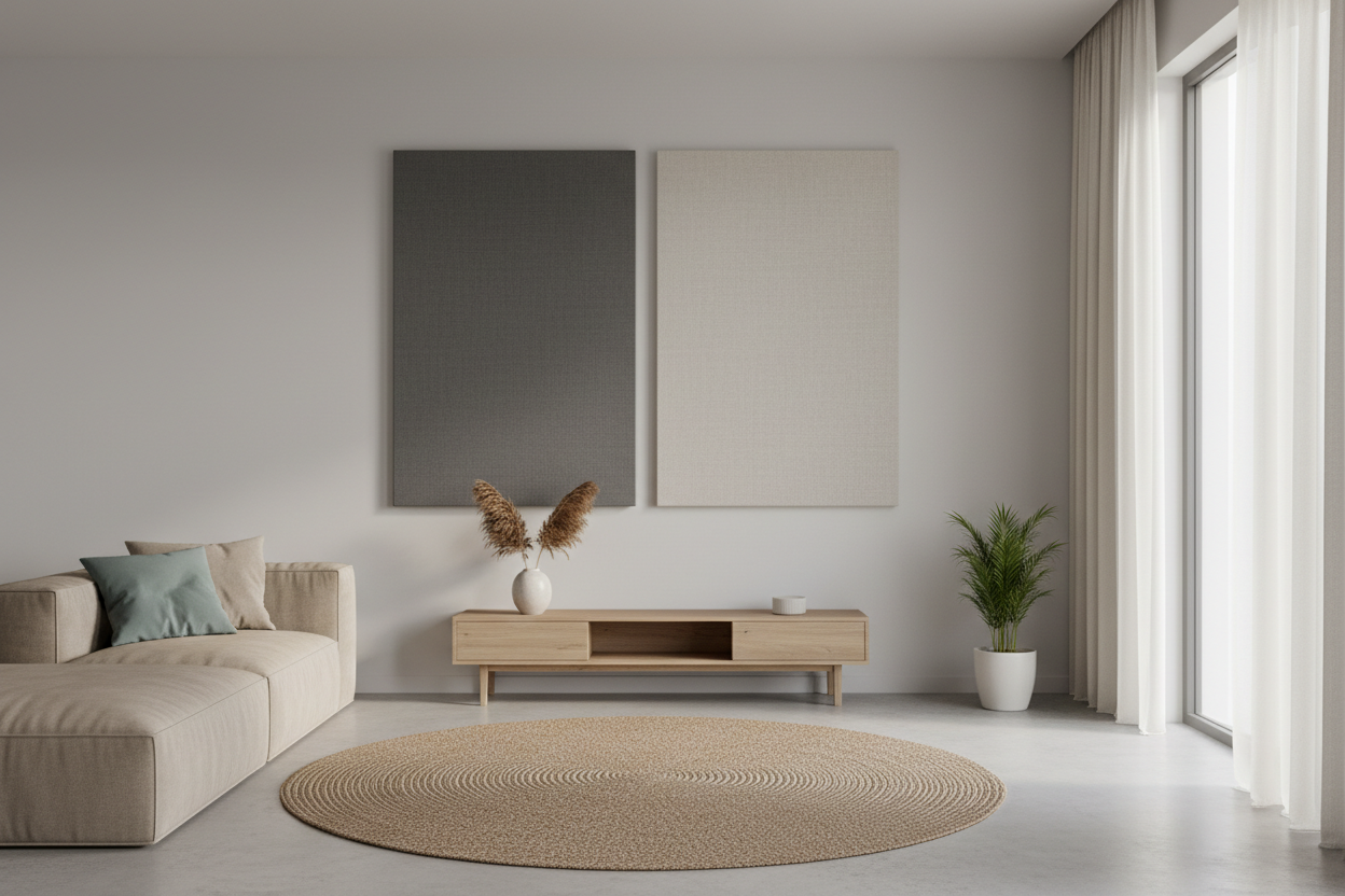 ruhiger Raum mit zwei grossen einfarbigen Akustikbilder an der Wand