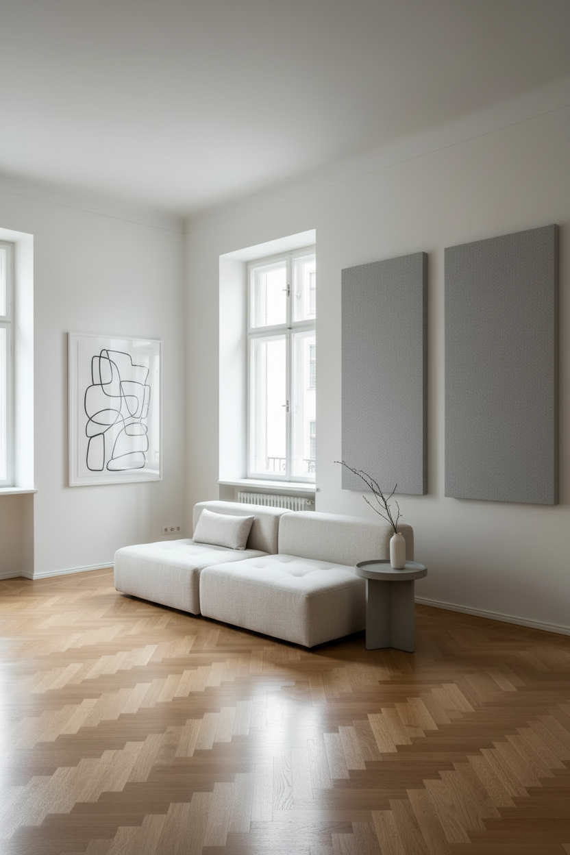 super schönes Bild. Behalte alles so am Bild. Zwei änderungen. Bitte keine Strukturen in den Akustikbilder. Füge ein wenig Stuck an die Decke ein damit man den Altbau besser erkennt.